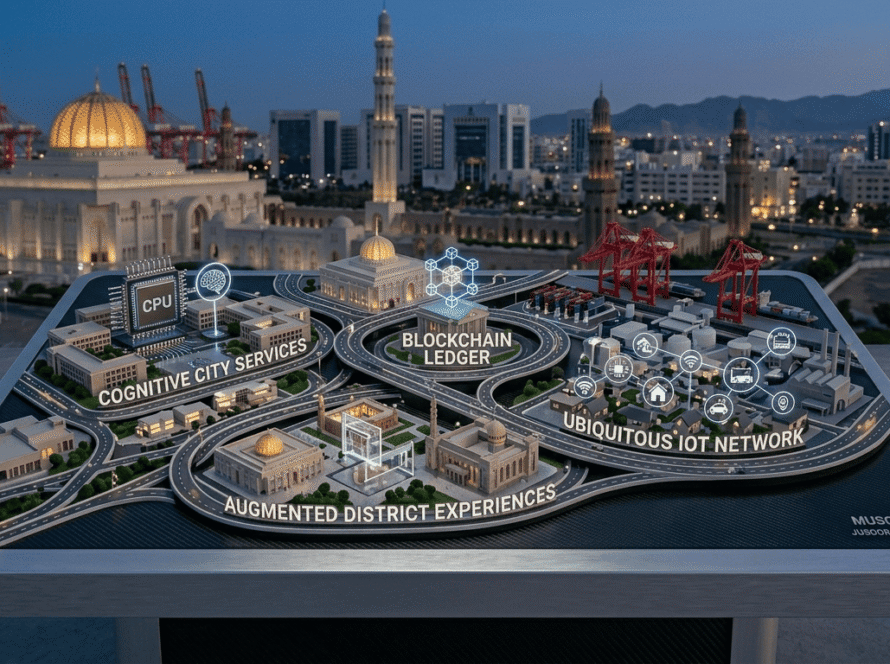 Oman map with icons for AI, cloud, automation and cybersecurity