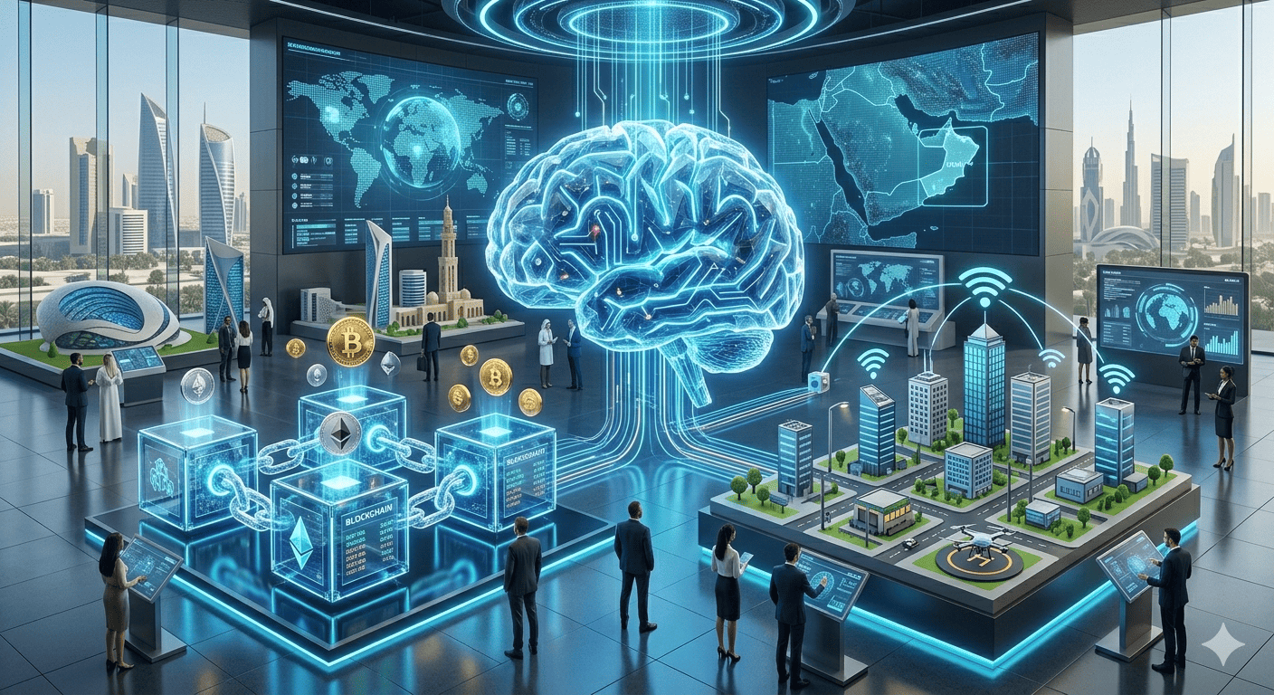 Oman map with icons for AI, cloud, automation and cybersecurity