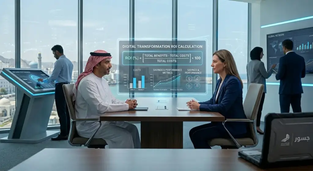 Finance team calculating digital transformation budget and ROI