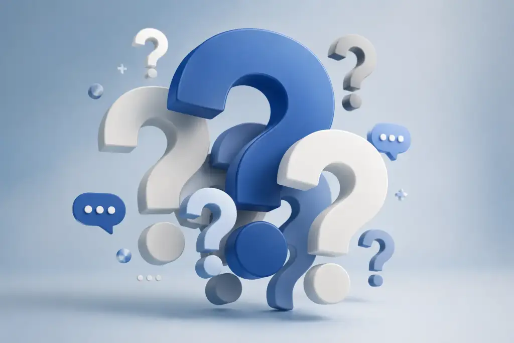 Question marks and digital icons representing transformation FAQs