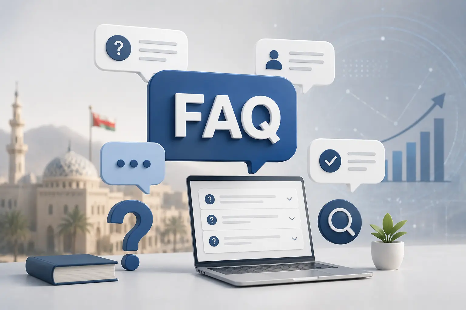 Question marks and digital icons representing transformation FAQs