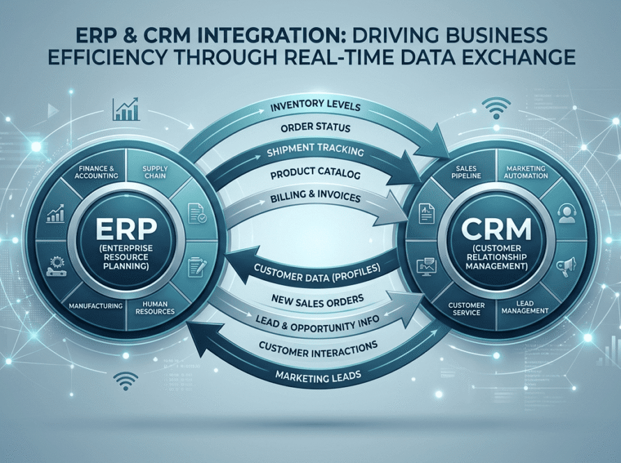 ERP and CRM integration architecture with connected sales and finance data