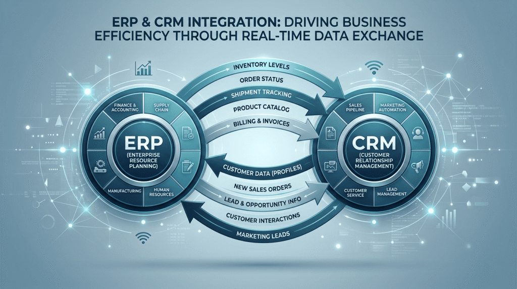 ERP and CRM integration architecture with connected sales and finance data