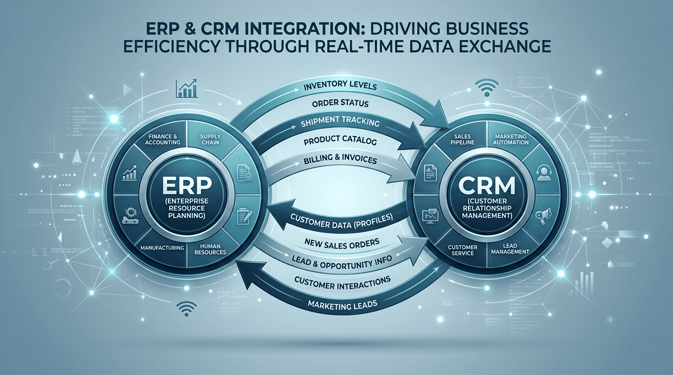ERP and CRM integration architecture with connected sales and finance data