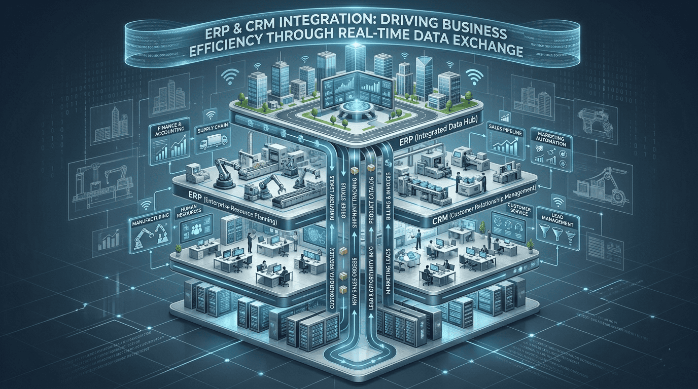 ERP and CRM integration architecture with connected sales and finance data